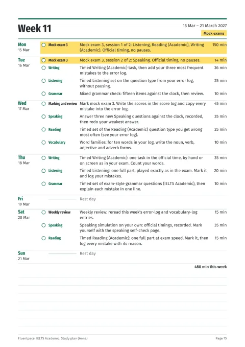 A week: dated tasks with minutes; the mock is highlighted