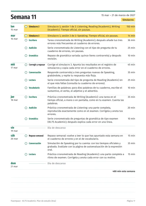 Una semana: tareas con fecha y minutos; el simulacro, destacado