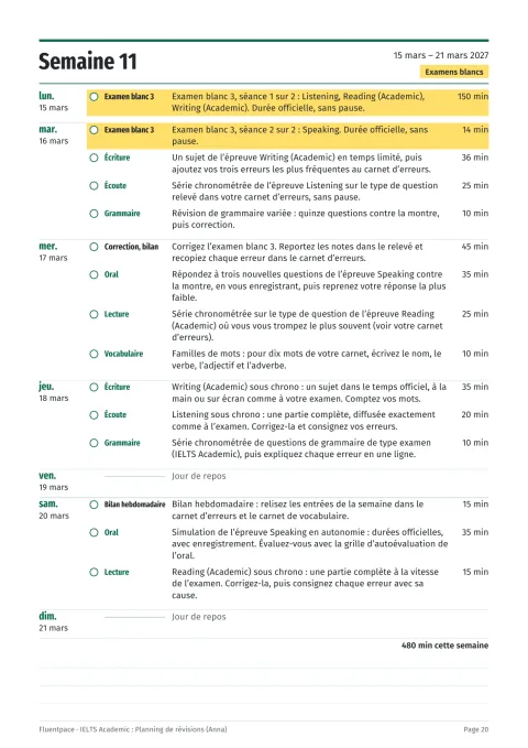 Une semaine : des tâches datées et minutées ; l’examen blanc est mis en évidence