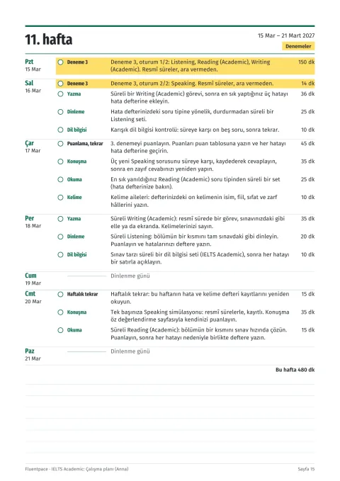 Bir hafta: dakikalarıyla tarihli görevler; deneme sınavı vurgulu
